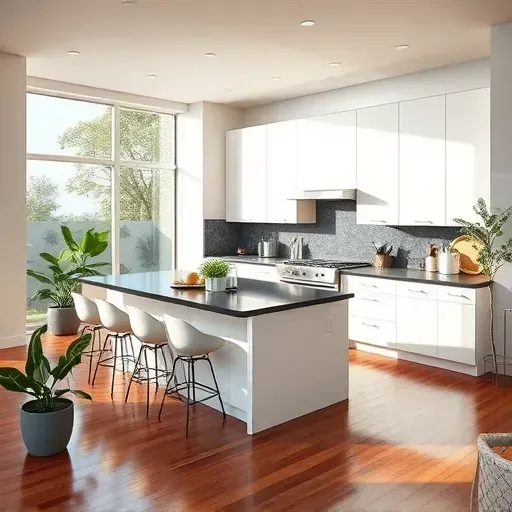 Modern kitchen remodeling in Costa Mesa, CA features sleek white cabinetry, dark countertops, and elegant decor with natural lighting.