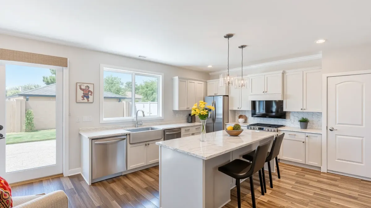 Modern renovated living room in Riverview East, CA with hardwood floors, large windows, neutral furniture, and lush backyard.