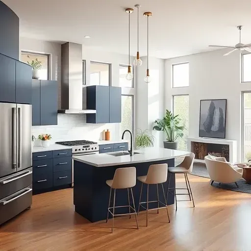 Renovated kitchen in Los Angeles with navy cabinetry, gray granite countertops, and a stylish backsplash under bright sunlight.