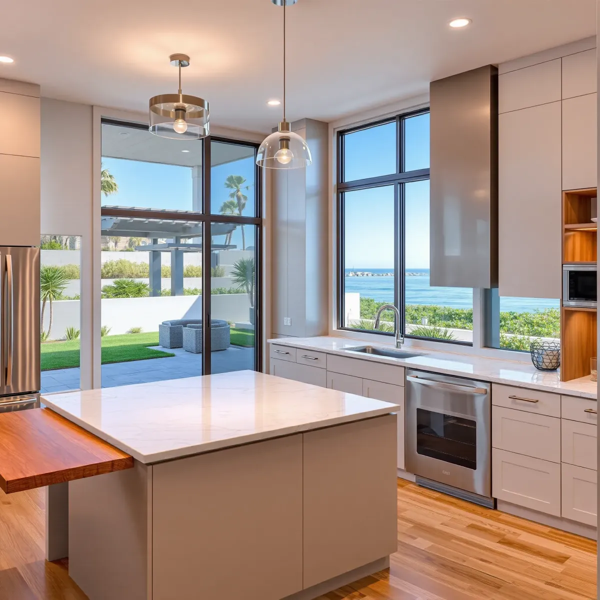 Remodeled South Coast Metro kitchen with warm wood cabinets, quartz island, stainless steel appliances, and natural light.