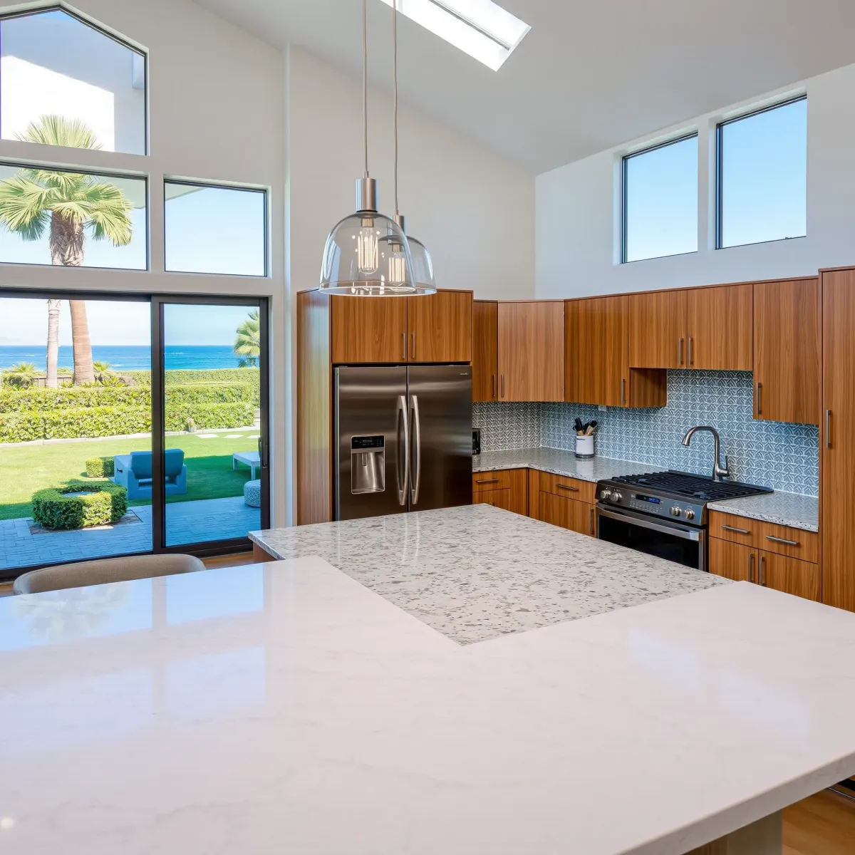 Remodeled Aliso Viejo kitchen with modern wood cabinetry, granite counters, stainless appliances, large island, and scenic view.