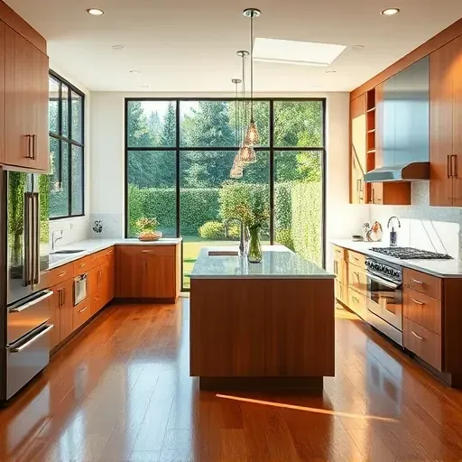 Remodeled kitchen in Northwood CA featuring hardwood floors, quartz countertops, custom cabinetry, and stainless steel appliances.