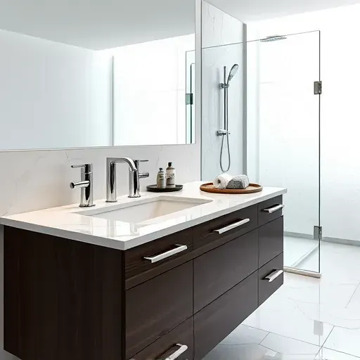 Luxurious modern Los Angeles bathroom with a marble vanity, sleek fixtures, frosted glass windows, and elegant decor