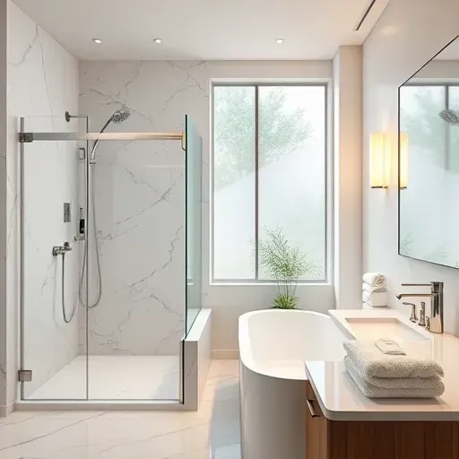Luxurious Los Angeles bathroom with sleek marble tiles, frameless glass shower, soaking tub, natural light, and modern accessories
