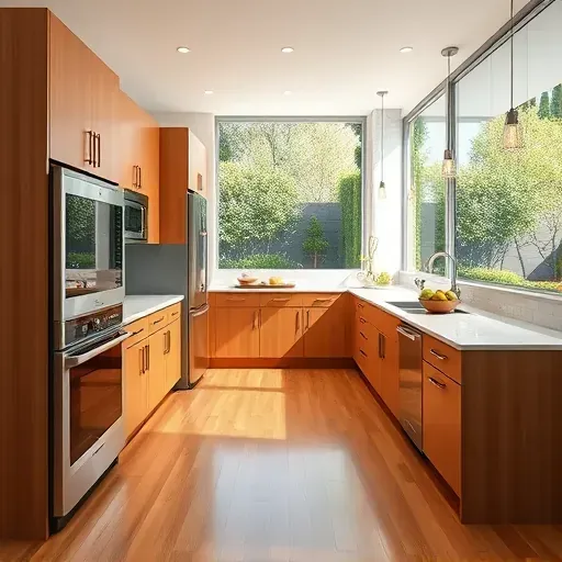 Renovated Santa Anita Park kitchen with warm wood cabinetry, quartz countertops, stainless steel appliances, hardwood floors, and lush garden view