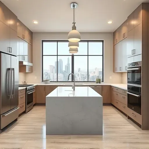 Modern renovated Los Angeles kitchen with matte cabinets stainless steel appliances marble island skyline view natural light