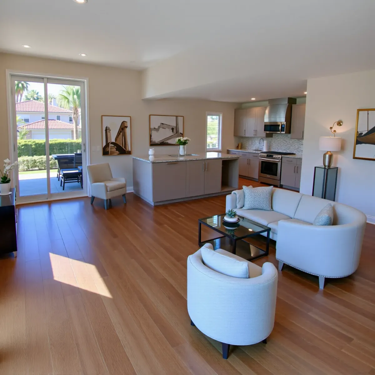 Remodeled Newport Heights kitchen with modern cabinetry, granite counters, stainless appliances, hardwood floors, and large windows.