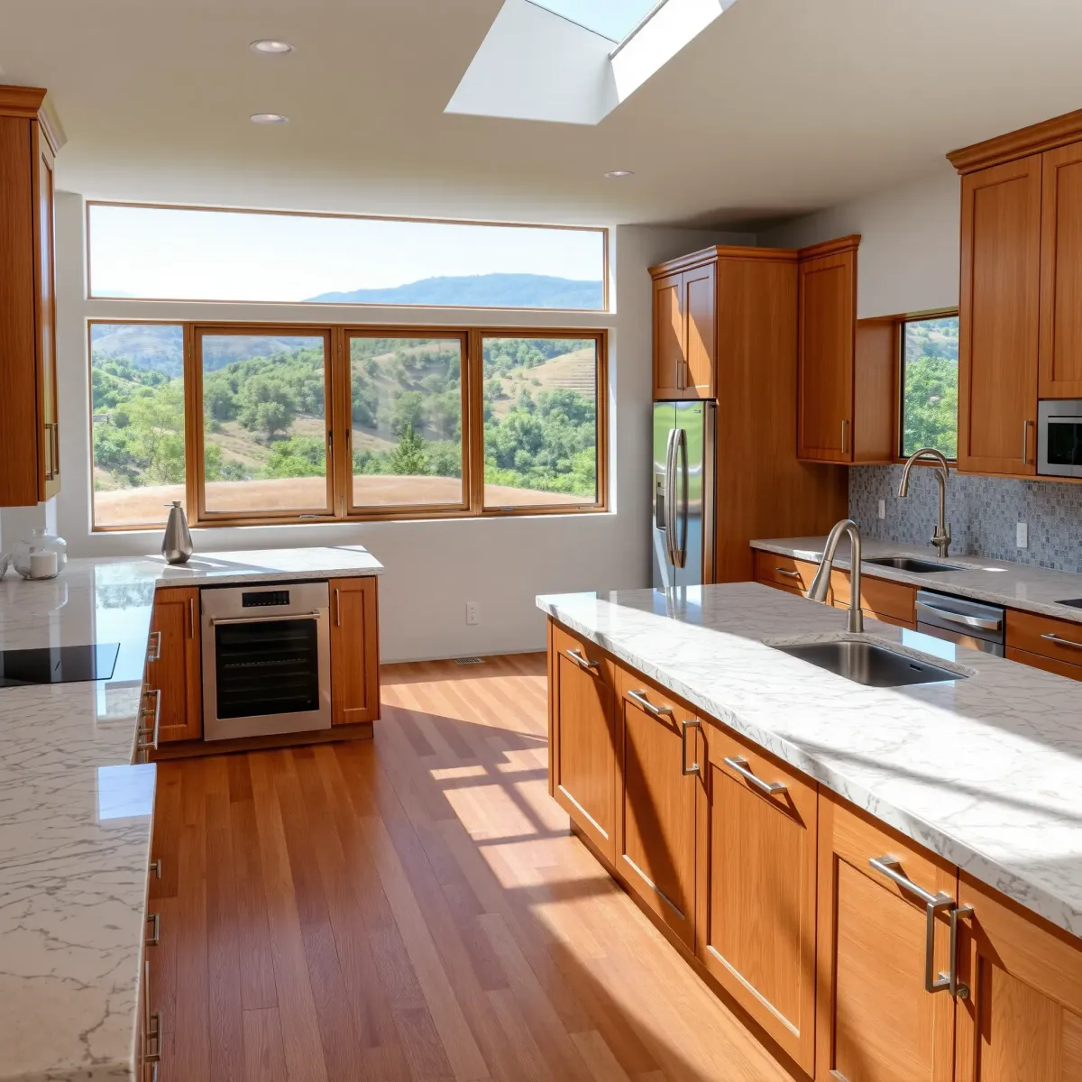 Modern renovated kitchen in Riverview West, CA with stainless appliances, marble countertops, custom matte cabinetry, and natural light.