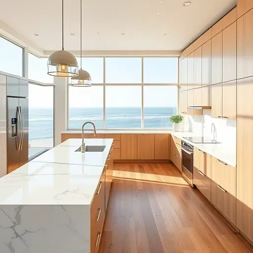 Newly remodeled kitchen in Laguna Beach with white marble countertops, stainless steel appliances, and ocean views.