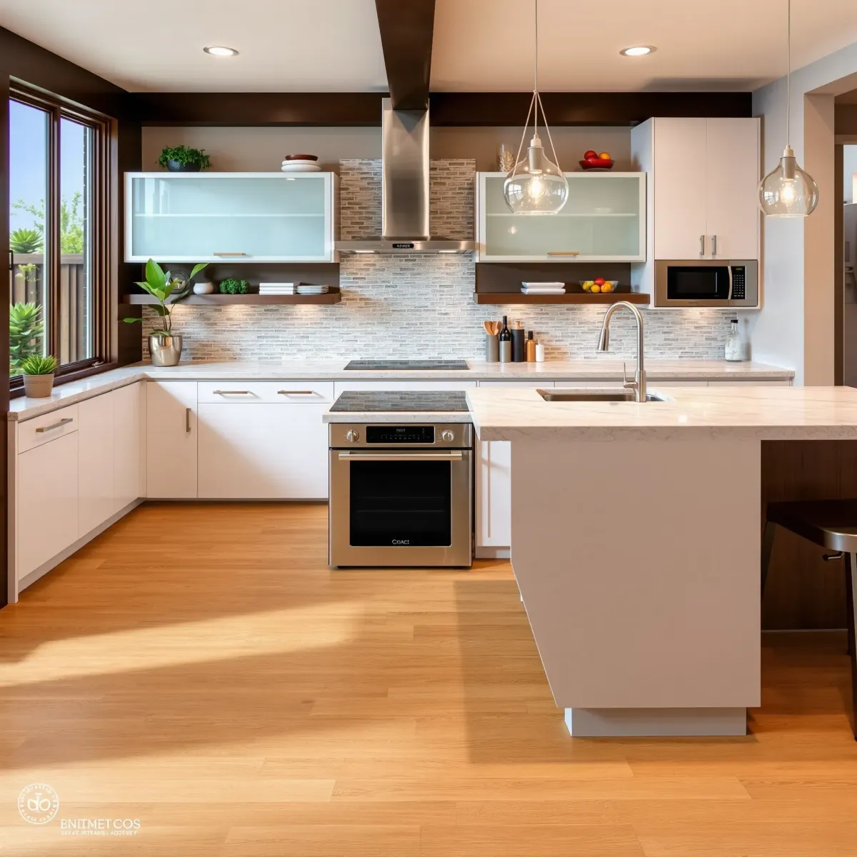 Beautiful modern Irvine kitchen with sleek cabinets, quartz island, subway tile backsplash, hardwood floors, and natural light.