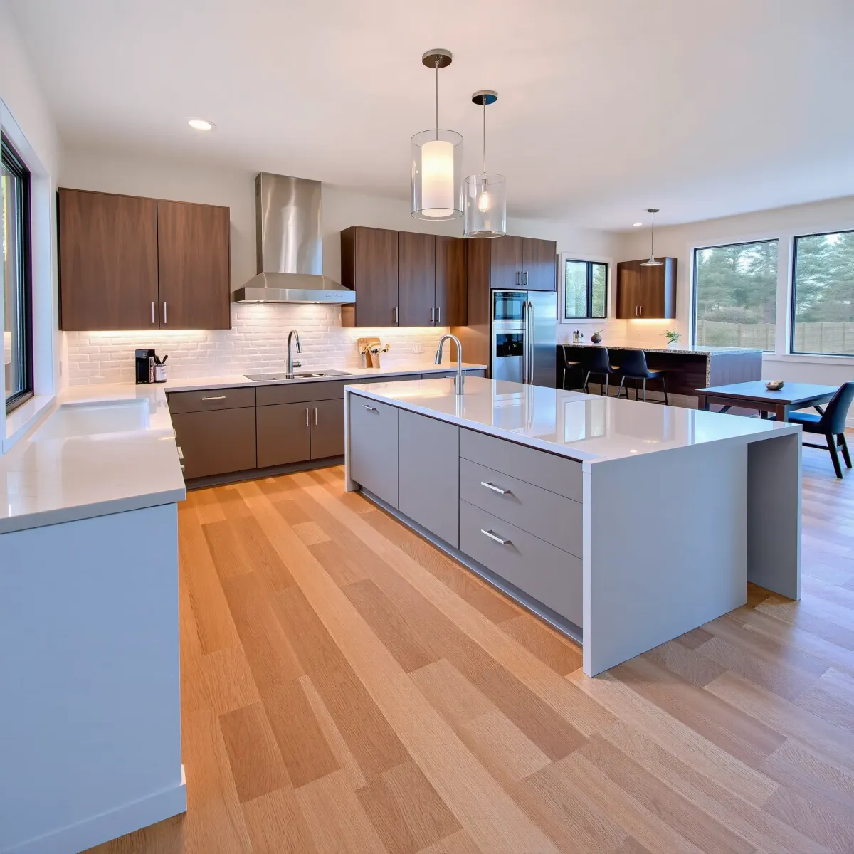 Remodeled Riverview West kitchen with warm wood cabinets, quartz island, stainless appliances, floor-to-ceiling windows, and elegant decor.