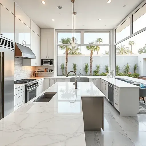Renovated Coto De Caza kitchen with quartz countertops stainless-steel appliances marble island neutral subway tile lush backyard