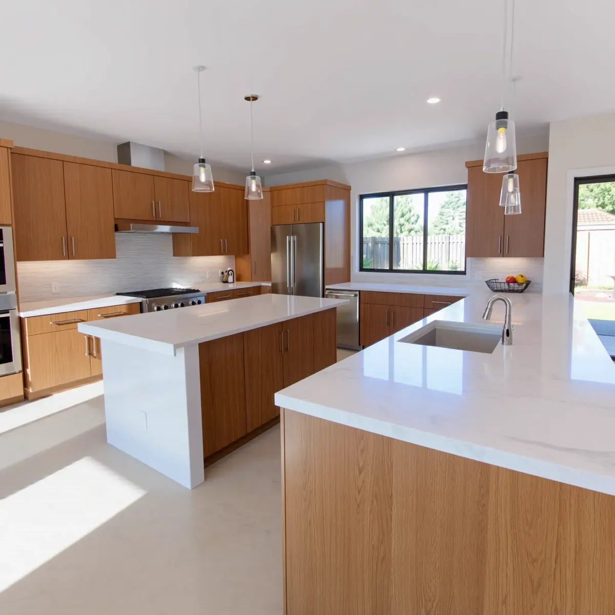 Modern MainPlace, CA kitchen with quartz countertops, warm wood cabinets, stainless appliances, and abundant natural light.