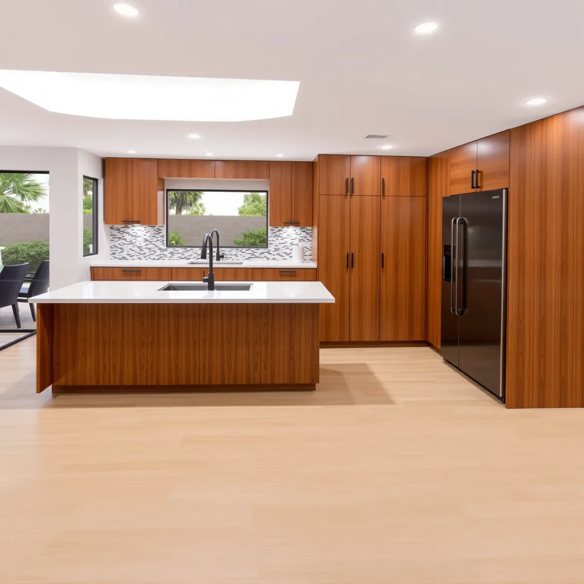 Modern Fountain Valley kitchen with white quartz counters, warm wood cabinets, stainless steel appliances, and abundant natural light.
