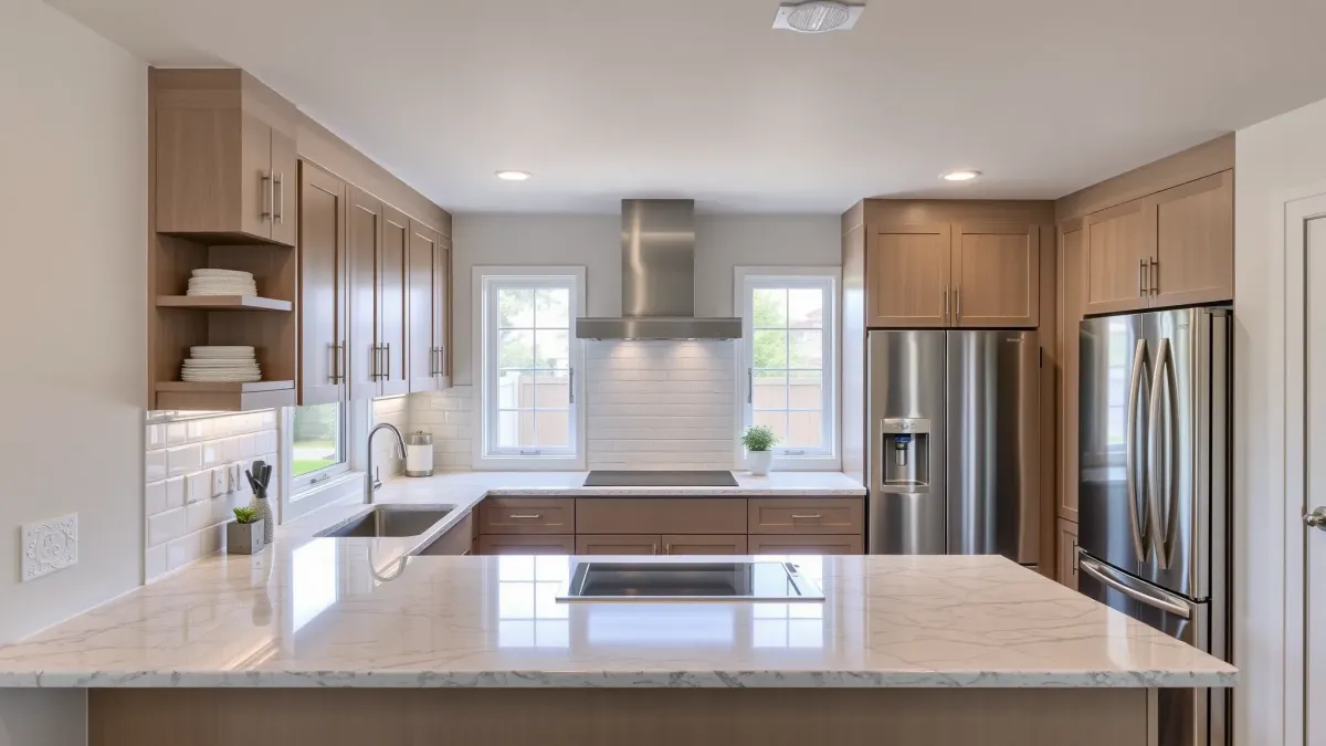 Modern renovated East Garden Grove kitchen with sleek cabinetry, stainless steel appliances, quartz countertops, and natural light.