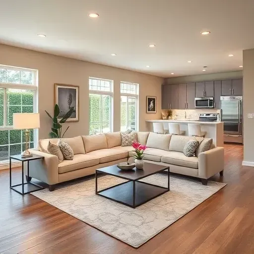 Remodeled living room in East Garden Grove with modern decor, warm colors, and inviting natural light.