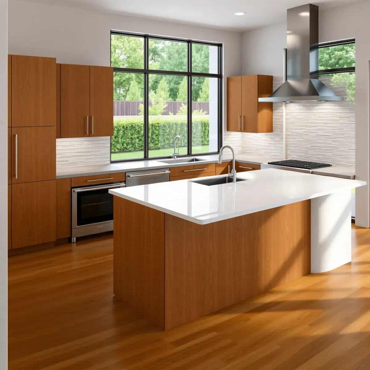 Modern remodeled kitchen in MainPlace, CA with sleek wood cabinets, white quartz island, stainless steel appliances, and natural light.
