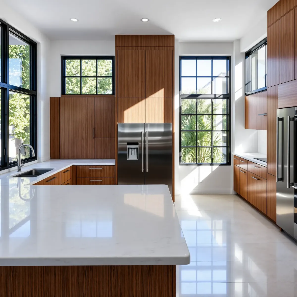 Renovated Los Angeles kitchen with marble countertops, stainless steel appliances, wooden cabinets, and sunlit open space.