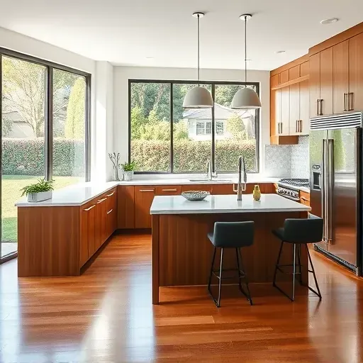 Remodeled Coto De Caza kitchen with quartz countertops stainless appliances wooden cabinetry polished hardwood floors and natural lighting