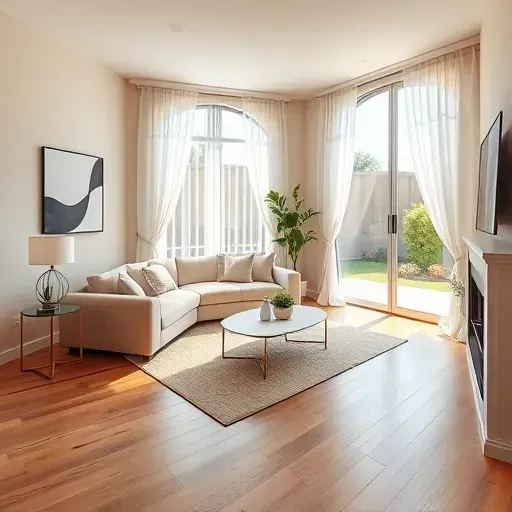 Beautifully remodeled Los Alamitos living room with hardwood floors, modern furniture, and natural light from large windows.