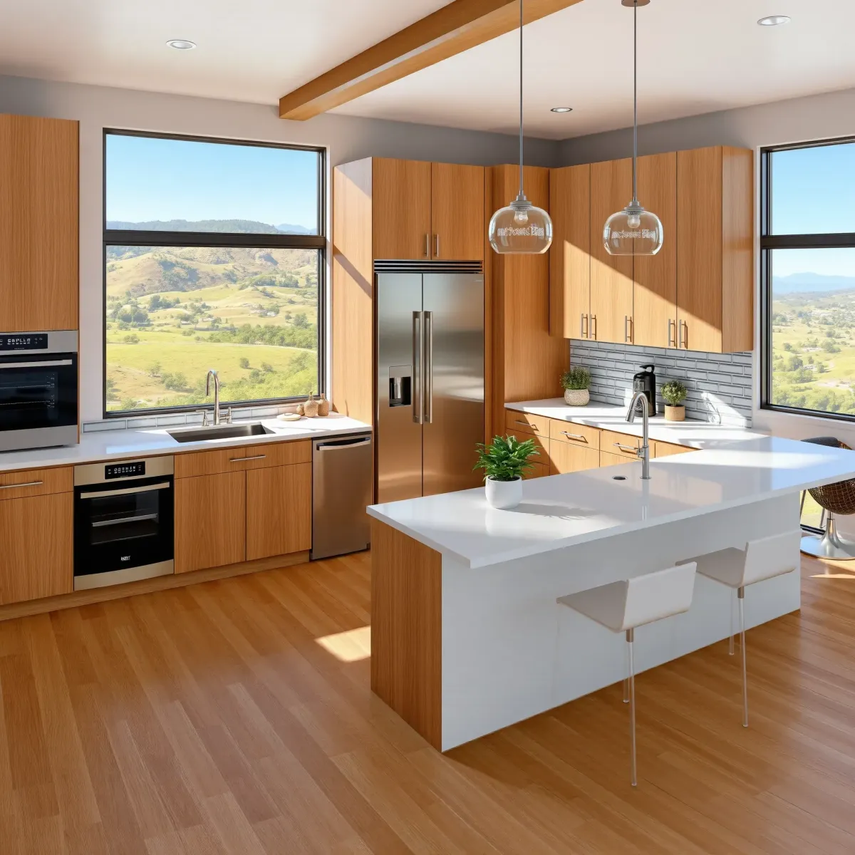 Modern Riverview West kitchen with quartz counters, matte cabinetry, stainless steel appliances, and natural light.