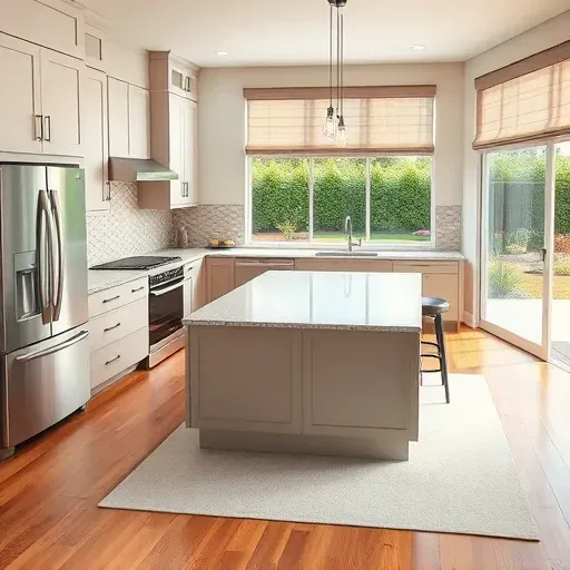 Remodeled modern kitchen in MainPlace CA with sleek cabinets, stainless steel appliances, granite island, and natural light