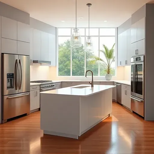 Renovated North Tustin kitchen with modern matte cabinetry, quartz island, stainless steel appliances, hardwood floors, and large window