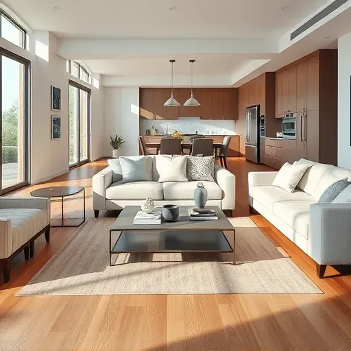 Modern living room in Aliso Viejo with hardwood flooring, neutral furniture, and an open kitchen showcasing high-end appliances.