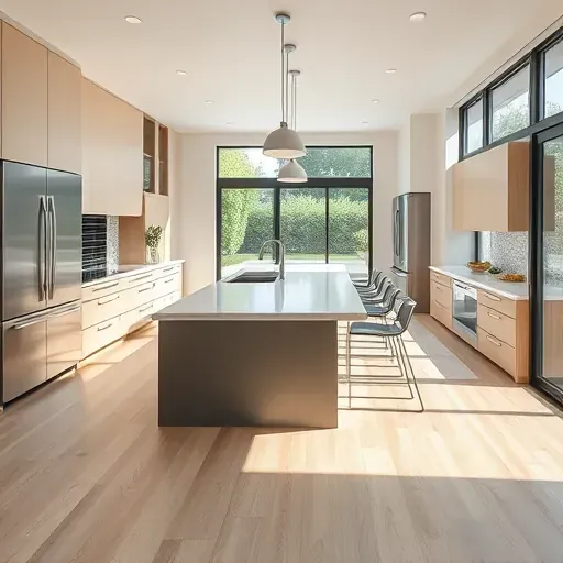 Modern Los Angeles kitchen with matte cabinetry, marble island, stainless steel appliances, hardwood floors, large windows, and landscaped backyard view