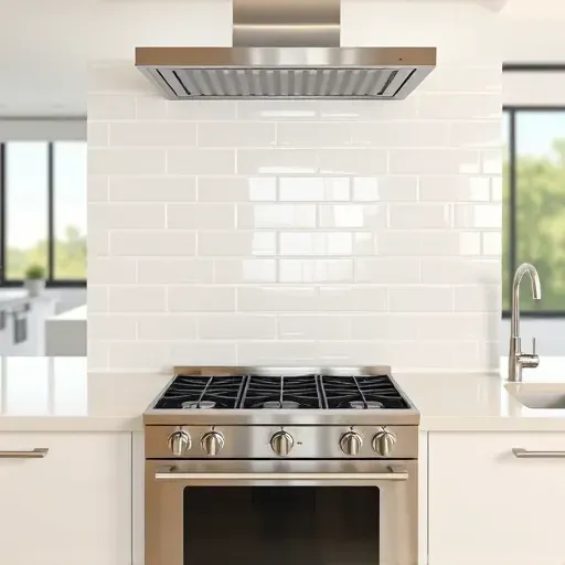 Recently installed sleek high-gloss subway tile backsplash in a modern neutral-toned kitchen with natural light reflections