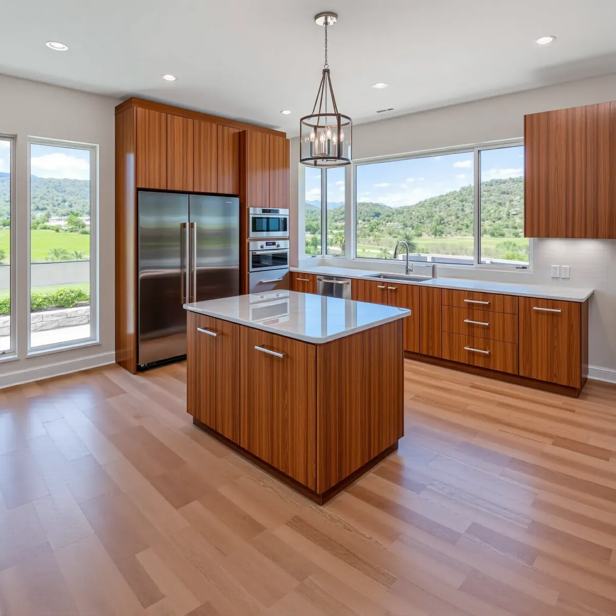 Modern Dana Point kitchen with sleek white cabinets, stainless steel appliances, marble island, coastal views, and stylish lighting.