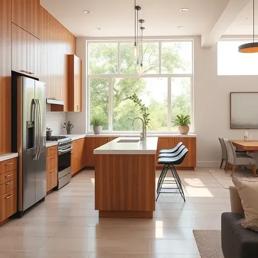 Freshly remodeled modern kitchen in North Tustin with quartz countertops, wood cabinetry, and large windows.