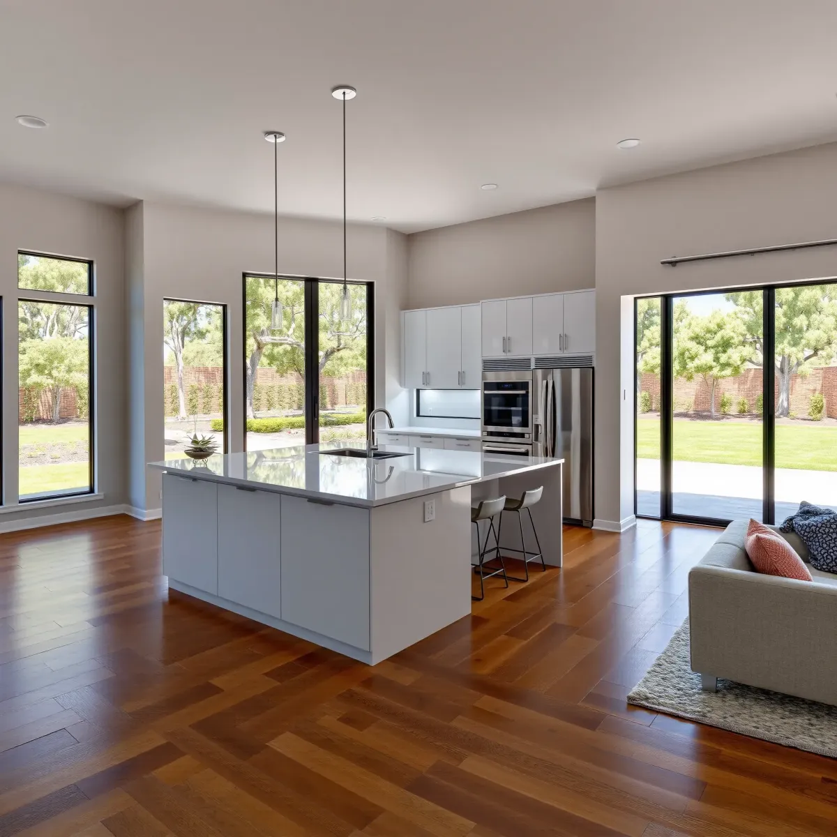 Luxurious renovated Coto De Caza living room with modern design, hardwood floors, stone fireplace, and seamless kitchen view.
