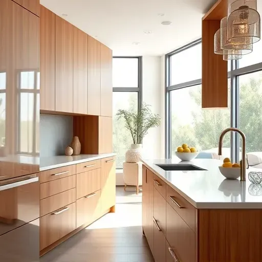 Beautiful custom wood kitchen cabinets with sleek modern design, polished finishes, hardware, and natural wood tones bright LA space