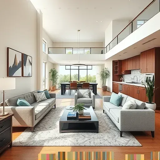 Modern living space in Floral Park, CA features elegant furniture, natural light, and stylish kitchen design.