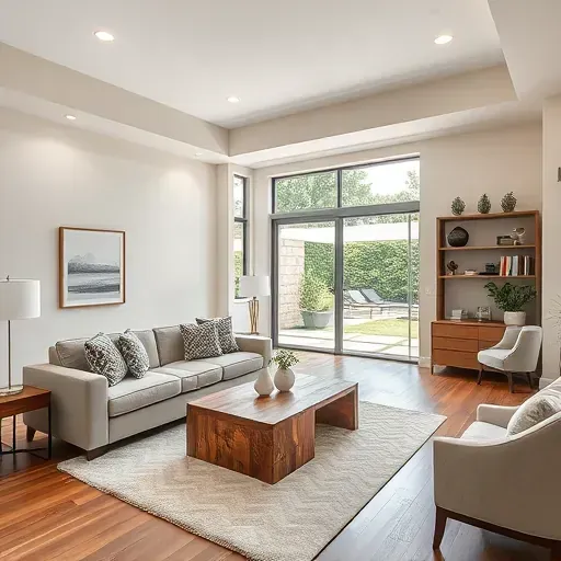Completed Newport Heights remodeling project featuring an elegant living room with high ceilings and natural light.