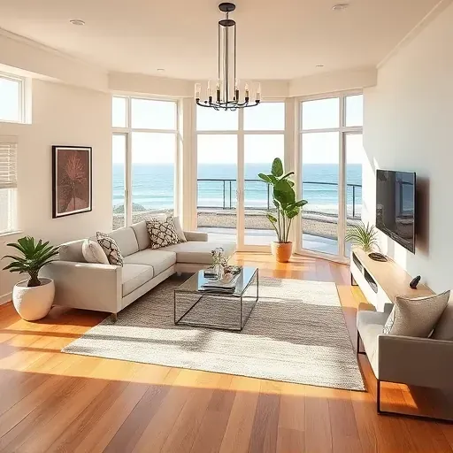 Remodeled living room in San Clemente with neutral walls, warm wood floors, stylish furniture, and ocean views.