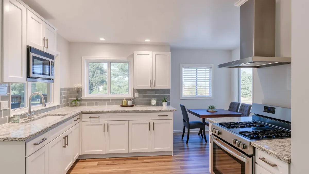 Recently renovated Mid-City kitchen with modern cabinetry, quartz countertops, stainless appliances, and warm hardwood floors.