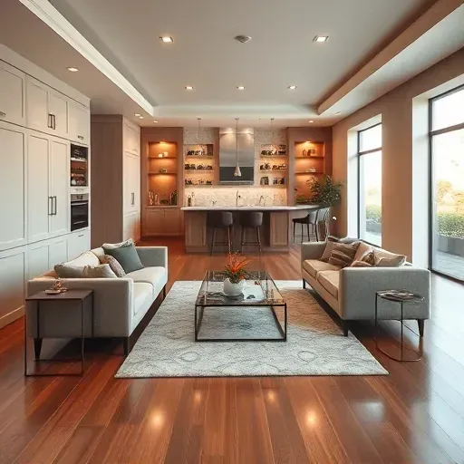 Remodeled Los Angeles basement with modern sleek cabinetry hardwood floors cozy seating dry bar large windows and elegant decor