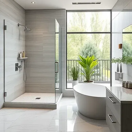 Modern Los Angeles bathroom with frameless glass shower, soaking tub, marble accents, neutral tones, natural light, and stylish decor