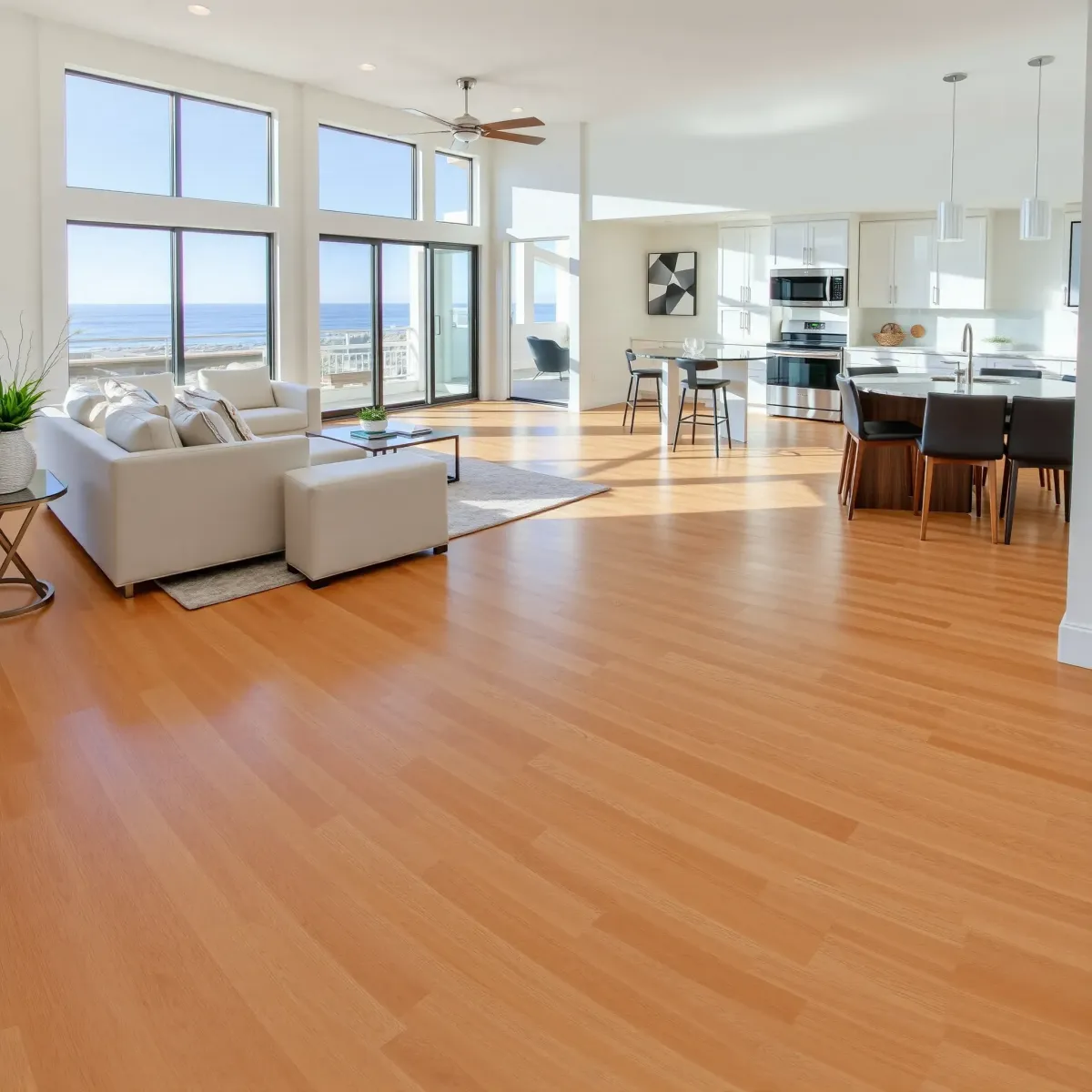 Beautiful remodeled San Clemente home interior with modern design, hardwood floors, granite kitchen, ocean view, and lush backyard.