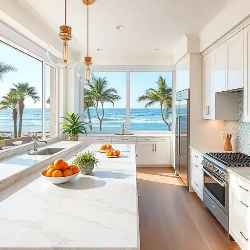 Luxurious Newport Coast kitchen with marble countertops, stainless steel appliances, coastal décor, and natural light.