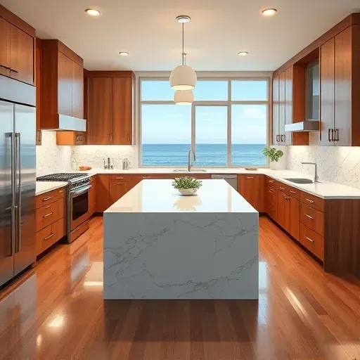 Renovated Dana Point kitchen with white marble countertops, stainless steel appliances, wood cabinets, coastal views, and elegant decor