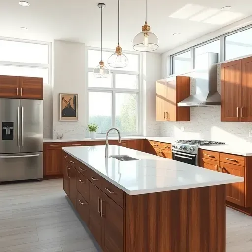 Renovated Lacy California kitchen with quartz countertops stainless steel appliances custom wood cabinets marble island pendant lighting tile backsplash bright natural light open concept living