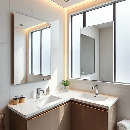 Luxurious Los Angeles bathroom with large frameless mirrors polished marble countertops neutral tiled walls and modern minimalist design