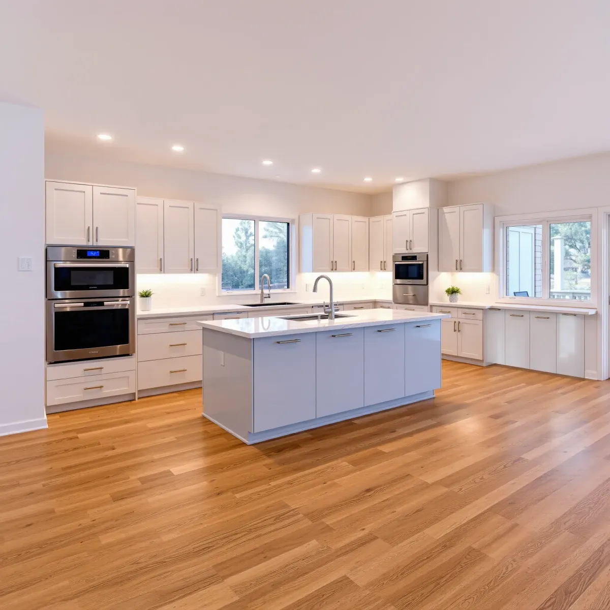 Remodeled Tustin kitchen featuring modern matte cabinetry, stainless steel appliances, marble island, and natural light.