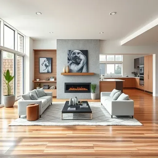 Modern living room remodel in Northwood CA with elegant hardwood, large windows, and minimalist decor inviting natural light.