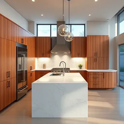 Recently renovated modern kitchen in East Garden Grove CA featuring wood cabinets, stainless steel appliances, marble island, pendant lighting, and stylish backsplash