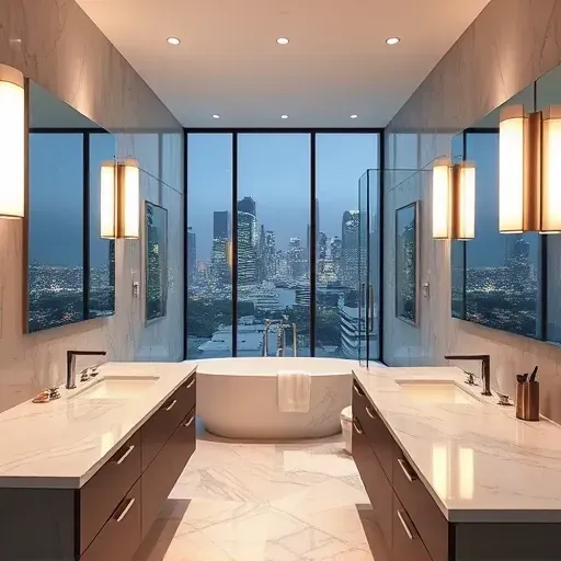 Modern Los Angeles luxury bathroom with sleek LED lighting, marble countertops, glass shower, city view, and elegant fixtures