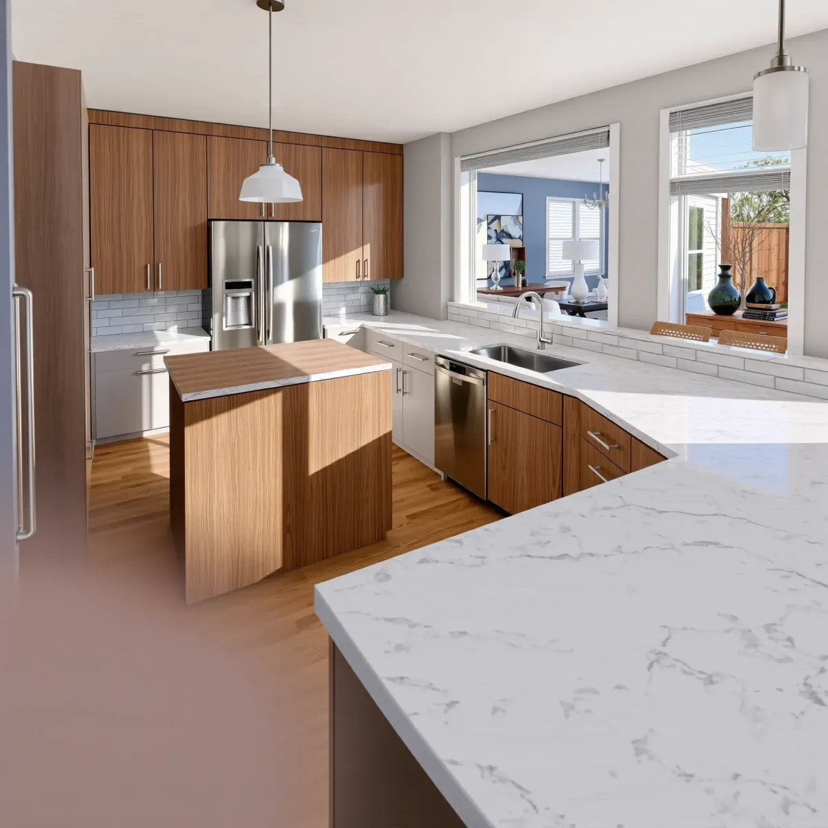 Modern Coto De Caza kitchen featuring white shaker cabinets, quartz island, stainless steel appliances, hardwood floors.